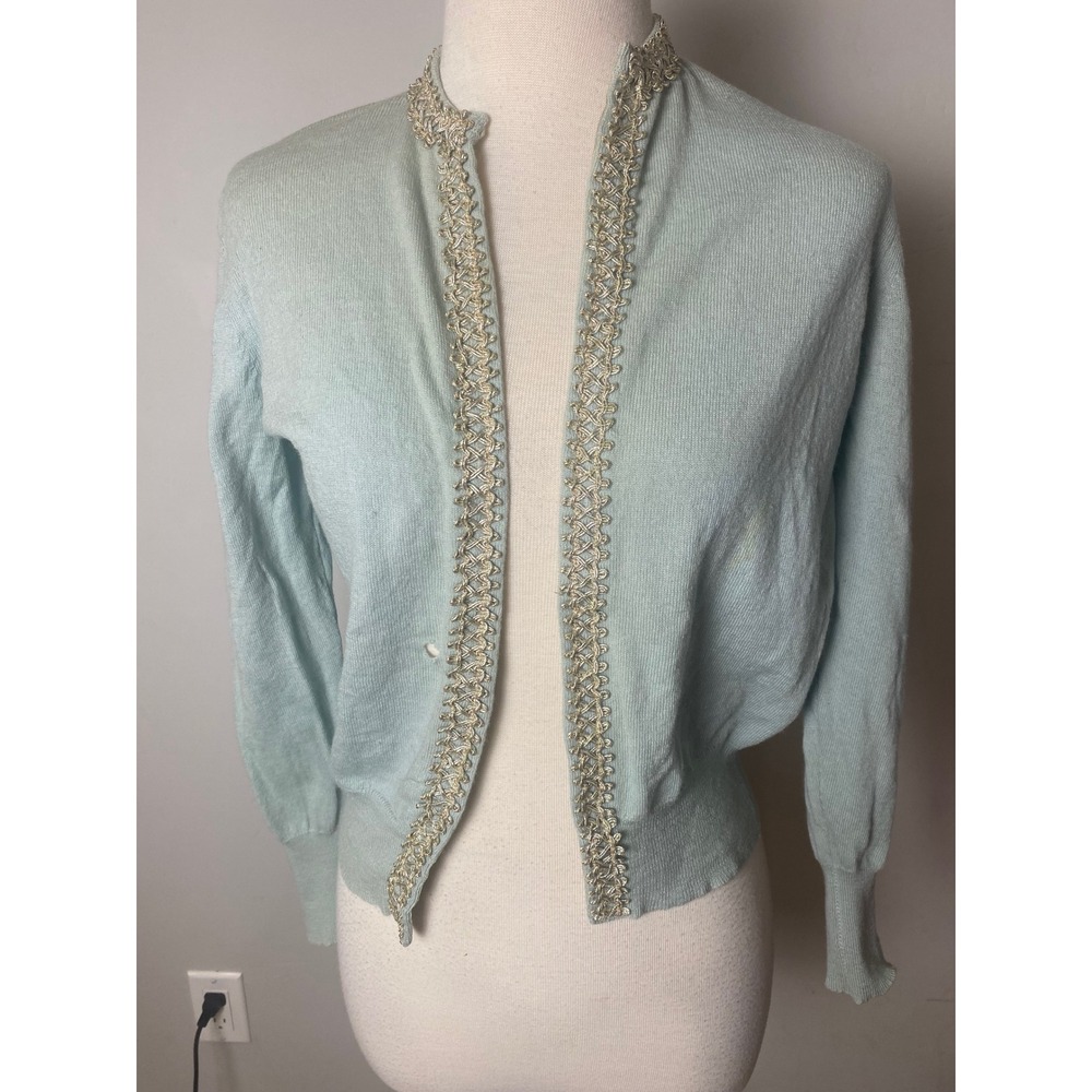 Vintage 40's/50's Light Blue Cropped Cardigan Gold Braided Trim Knit Sweater S